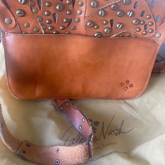 Patricia Nash Tan Italian Leather Studded Messenger Bag with Denim Accents - Picture 8 of 14